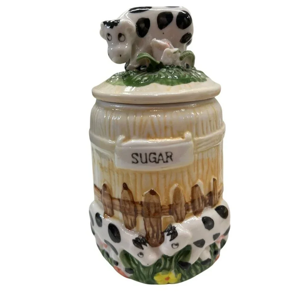 Set of 3 Vintage Ceramic Cow Jars with Wooden Holder Coffee Tea Sugar Bar